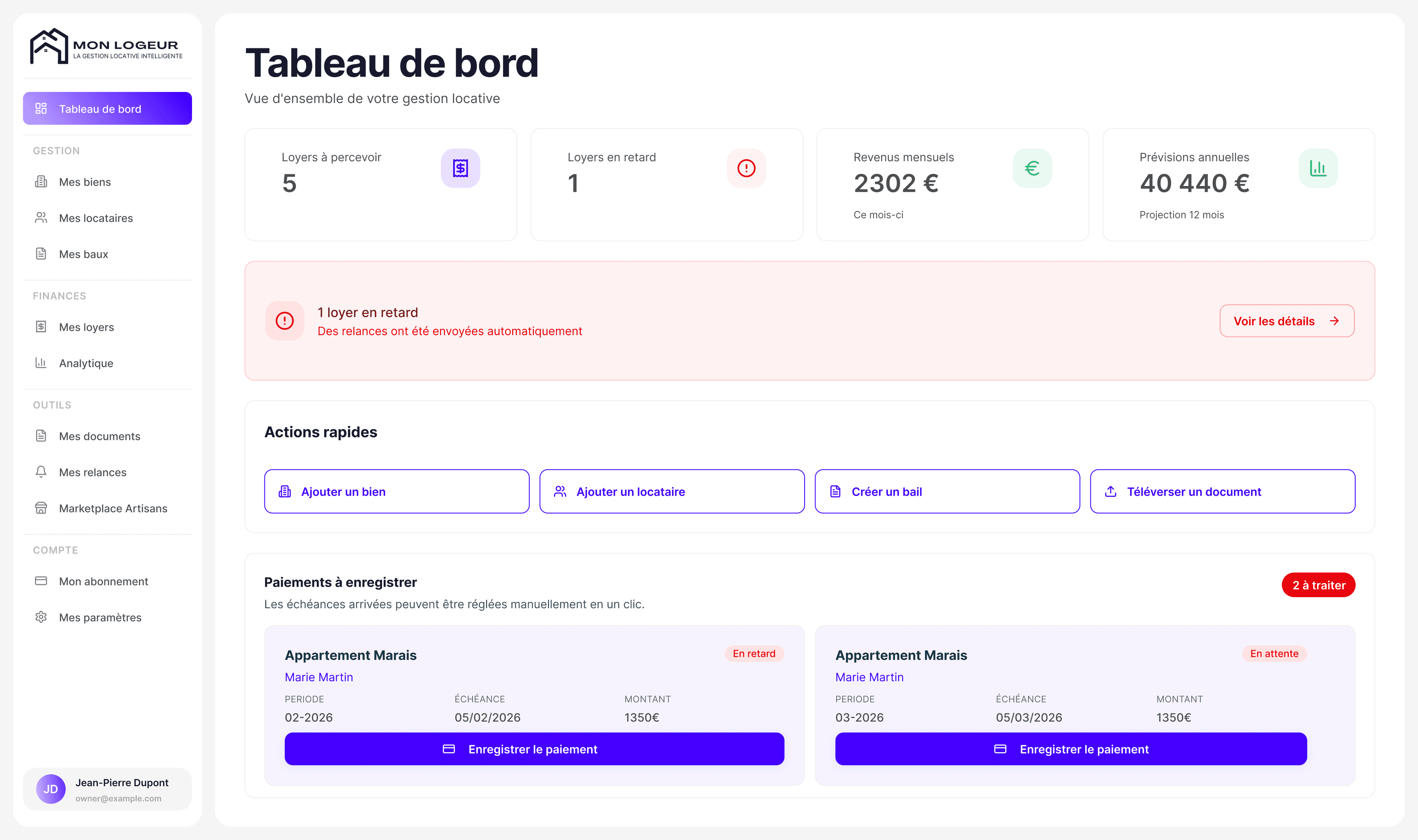 Tableau de bord MonLogeur